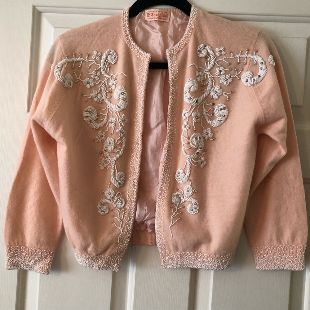 Vintage beaded soft peach cardigan - one of a kind!